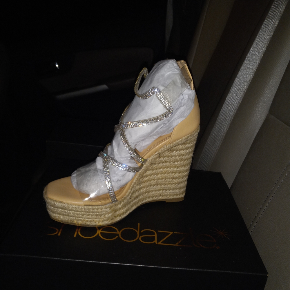 Shoe Dazzle Beige and Gold Wedge Sandals